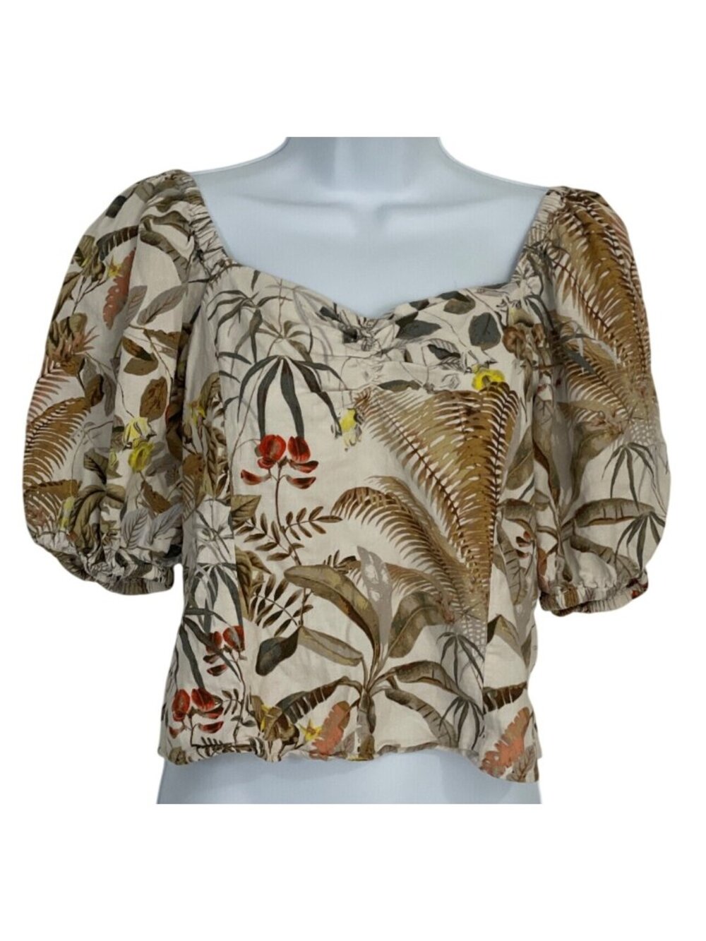 H&M Womens Floral Linen Blend Puff Sleeve Blouse‎ XS Babydoll Beach Festival